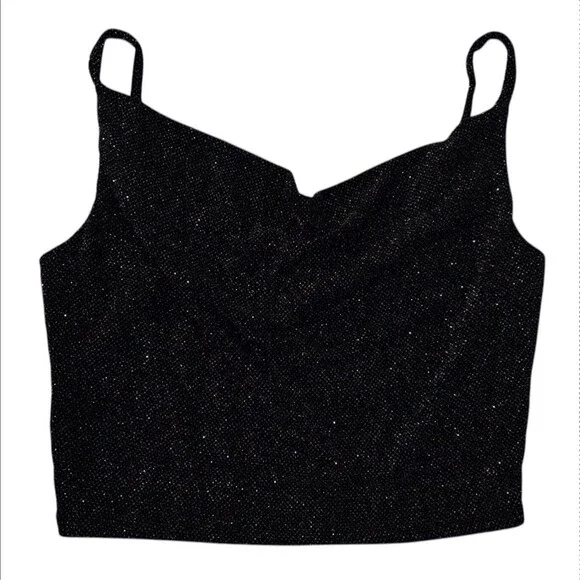 Vtg 90s Mesh Crop Tank Top M Medium Black Whimsigoth Sparkle Glitter Cowl - Picture 1 of 8